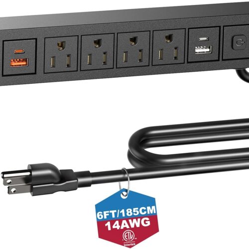 1 BTU Under Desk Power Strip with Surge Protection, Mountable Power Strips with USB Ports PD20W Fast Charging, 8 in 1 Under Desktop Outlet 4 AC Outlets, 2 USB-C, 2 USB-A, 6FT Extension Cord Black