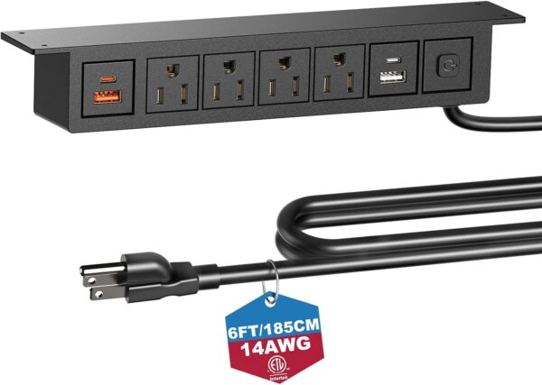 BTU Under Desk Power Strip with Surge Protection, Mountable Power Strips with USB Ports PD20W Fast Charging, 8 in 1 Under Desktop Outlet 4 AC Outlets, 2 USB-C, 2 USB-A, 6FT Extension Cord Black 1 Outlet
