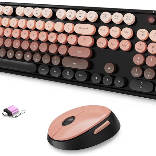 1 Wireless Keyboard and Mouse Combo, Ergonomic Full Size Typewriter Retro Round Keycaps Keyboard, Compatible with Windows, PC, Perfer for Home and Office Keyboards
