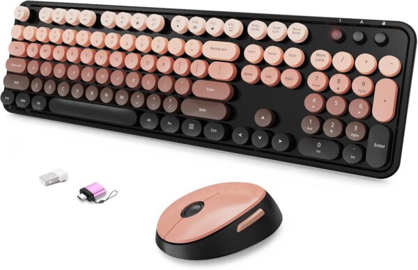 Wireless Keyboard and Mouse Combo, Ergonomic Full Size Typewriter Retro Round Keycaps Keyboard, Compatible with Windows, PC, Perfer for Home and Office Keyboards 1