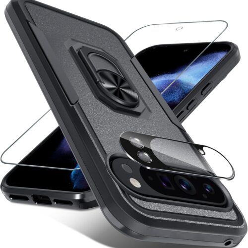 Google Pixel 10/10 Pro Case with Screen Protector + Camera Lens Protector,Heavy Duty Shockproof Full Body Protective Cover Built in Rotatable Metal Ring Holder Kickstand,2025 Black Matte