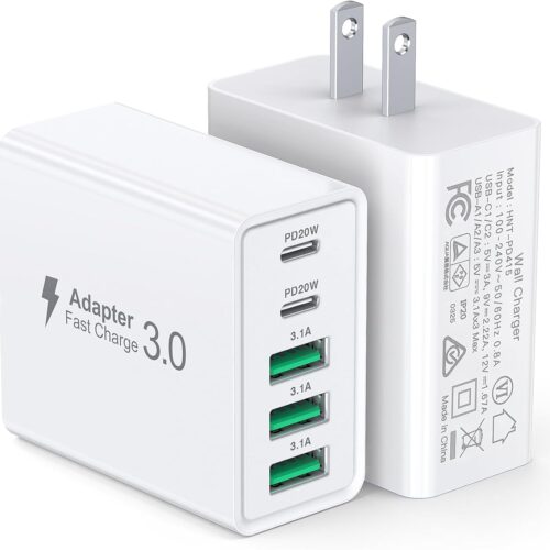 [2-Pack] USB C Wall Charger, 50W 5-Port PD Fast USB C Charging Block,2USB C+3USB A Multiport Plug,Type C Power Adapter Brick Cube for iPhone 16/15/14/13/12/Pro Max/XS,iPad,for Switch,Samsung,Ultra 2