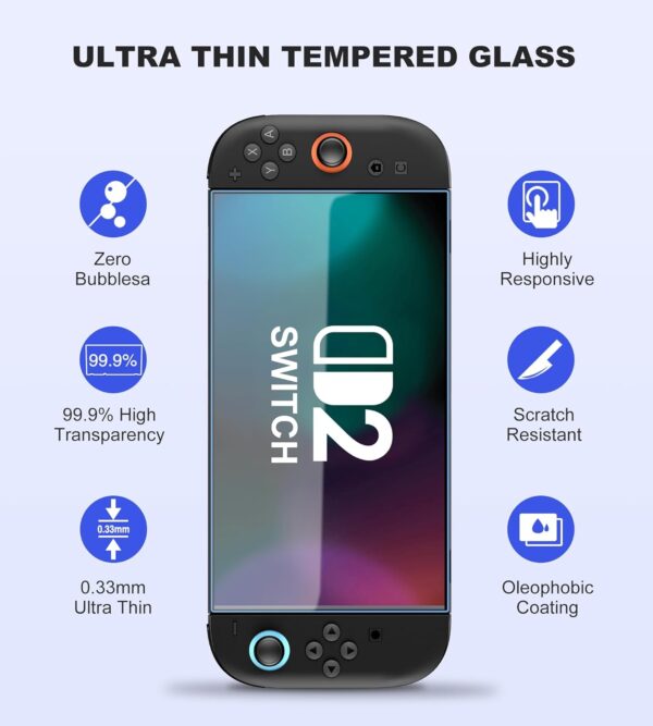 Screen Protector Tempered Glass Compatible with Nintendo Switch 2 (2025), 2 Pack Transparent HD Clear Anti-Scratch Switch 2 Screen Protector Skin Set for Nintendo Switch Accessories 4