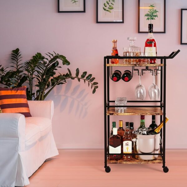 3 Tier Bar Cart, Mini Liquor Utility Cart for Wine Beverage Dinner Party, Rolling Wine Coffee Drink Serving Cart with Lockable Wheels for Home Kitchen Bars (Rustic Brown) 4