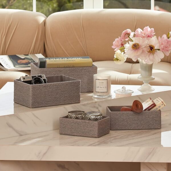 LA JOLIE MUSE Storage Baskets Set 4 - Stackable Woven Basket Paper Rope Bin, Storage Boxes for Makeup Closet Bathroom Bedroom (Gray) 4