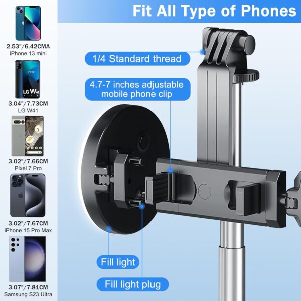 Selfie Stick Tripod with Fill Light, Phone Selfie Stick,Durable Stainless Steel Design,Bluetooth Remote Control,and Stable Three-Legged Support for Live Broadcasts,Video Shooting (Black) 4