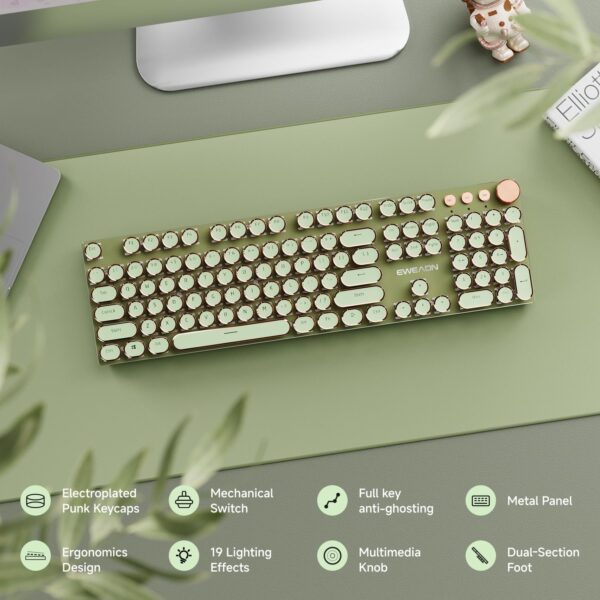 EWEADN Typewriter Style Mechanical Gaming Keyboard, Wired Mechanical Keyboards,104 Keys Backlit LED Keyboards, Media Control Knob, Wired Computer Keyboard Pink Switch for Windows/Mac/PC-Green 3