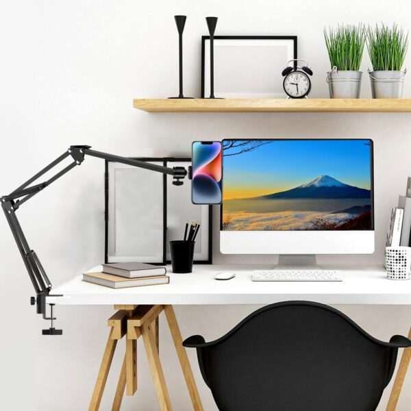 Overhead Tripod Mount for Camera Webcam Ring Light, Long Over Head Articulating Arm with Phone Holder and Ball Head, Desktop Lazy Arm Clamp Phone Stand Accessory for Live Streaming,Video Recording 2
