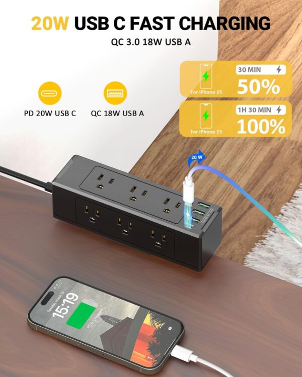 Desk Clamp Power Strip with USB C, Desk Surge Protector with 9 AC Plugs & 4 USB Ports, Desktop Edge Mount Charging Station, 6 FT Flat Plug, Removable Clamp 2