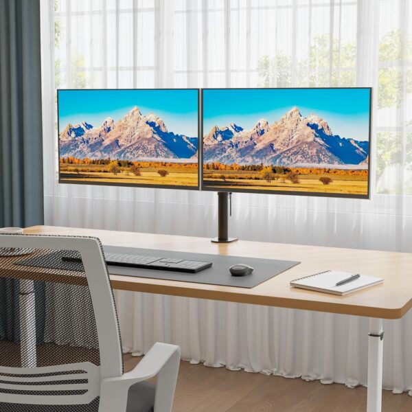 BONTEC Dual Monitor Desk Mount, Full Motion Adjustable Monitor Stand for 13–27 Inch Screens, Heavy Duty Arms Hold Up to 22 lbs Each, VESA 75x75/100x100 mm, C Clamp and Grommet Base, Cable Management 2 Mount