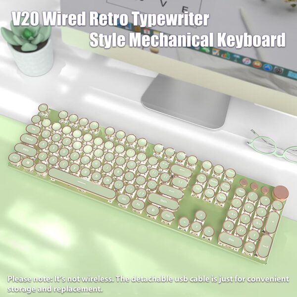Typewriter Style Mechanical Gaming Keyboard White LED Backlit 104-Key NKRO Pink Switches Retro Round Keycaps Golden Ring Volume Knob Metal Panel Wired USB-C Detachable Cable, Matcha Green 2