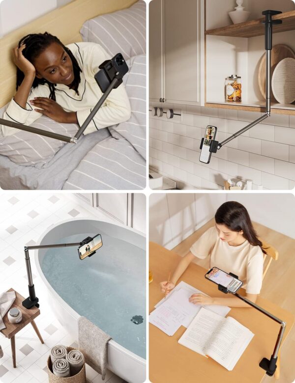 Viozon Phone Holder, Flexible Long Arm,Overhead Mount,360° Angle Adjustable,Aluminum Alloy, C Clamp for Headboard Bedside&Table&Desk,Compatible with 3.5"-6.9" Phone,iPhone 16 15Plus / Pro Max 2 Overhead