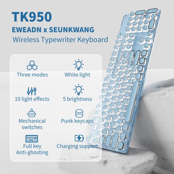 EWEADN TK950 Typewriter Keyboard Wireless Mechanical Keyboard, 104 Keys Aesthetic Typewriter Keyboards with White Backlit, Anti-Ghosting, Blue Switch Bluetooth/2.4GHz/Wired Keyboards-Blue 2 Mechanical