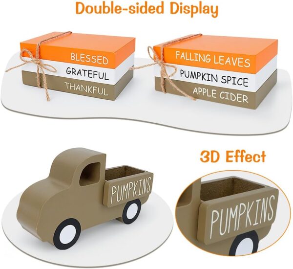 Fall Table Decor, Farmhouse Wooden Fall Signs with Book Stack, 3D Truck and 5 Individual Pumpkins for Tiered Tray 4