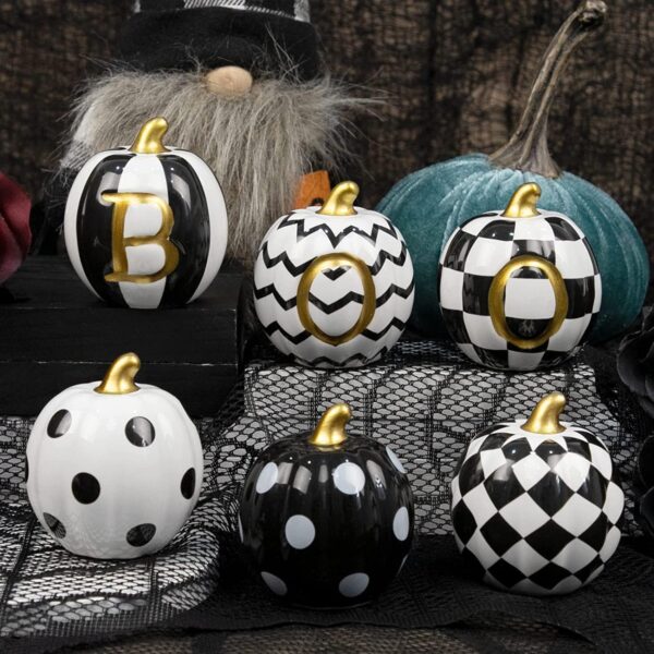 Halloween Decorations Indoor - Set of 6 Ceramic Halloween Pumpkin Decor - Assorted Black and White Boo Pumpkins for Fall Autumn Home Decor 4