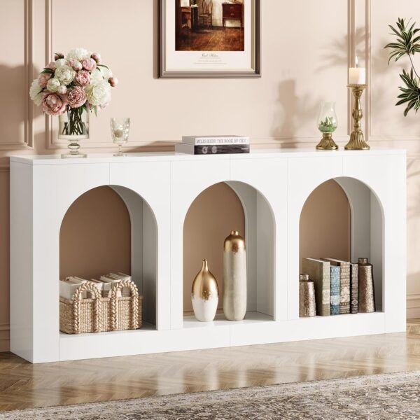 70.9" White Console Table with Storage, Wood Entryway Entry Table with 3 Arched Shelves for Foyer, Hallway, Living Room, Behind Couch Sofa, Narrow Long 4