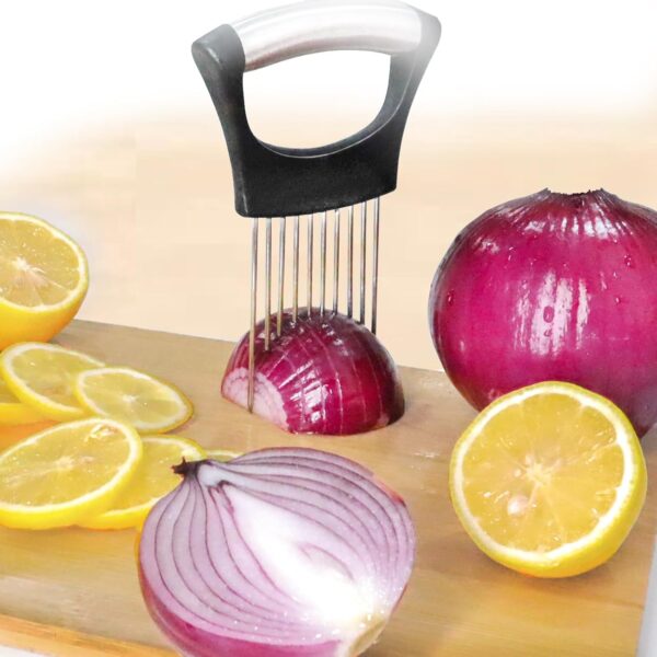Onion Holder for Slicing, Onion Cutter Vegetable Chopper, Stainless Steel Tomato Slicer Vegetable Cutter 4