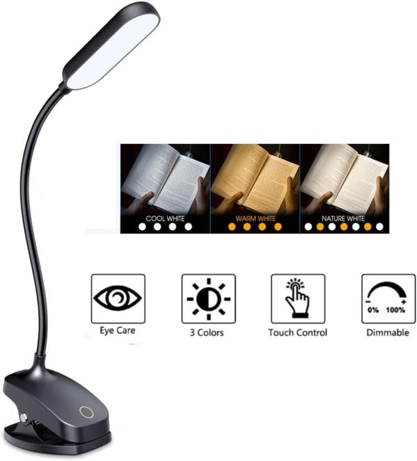 Desk Lamp Clip On Light-7W 2600mAH Flexible Gooseneck Battery Operated Rechargeable Reading Lamp with Clamp & Stepless Brightness for Desk,Piano,Bed Headboard and Computers 2 Lamp