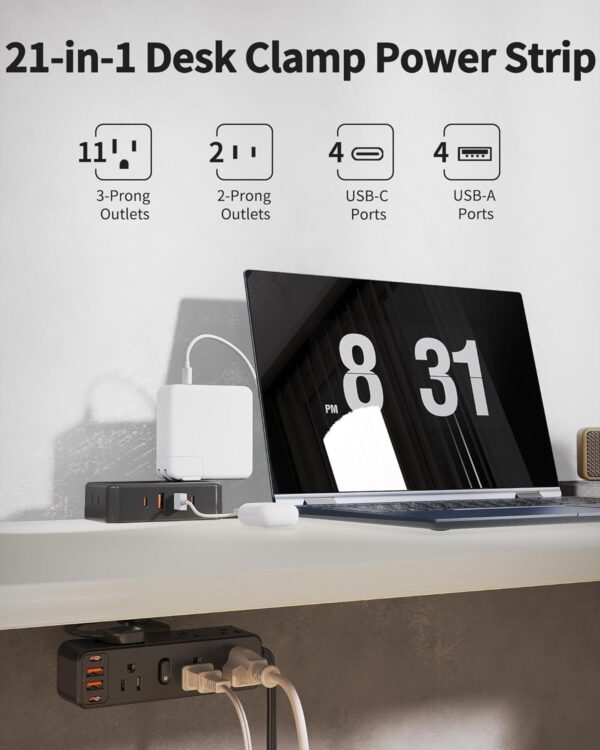 Dual Layer Desk Clamp Power Strip with 13 AC Outlets 8 USB (4 USB C), Fit 2.75" Tabletop, Desktop Edge Mounted Surge Protector (1700J),10 Ft Extension Cord, Desk Outlet for Office Home, Black 2 Clamp