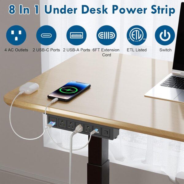 BTU Under Desk Power Strip with Surge Protection, Mountable Power Strips with USB Ports PD20W Fast Charging, 8 in 1 Under Desktop Outlet 4 AC Outlets, 2 USB-C, 2 USB-A, 6FT Extension Cord Black 2 Outlet