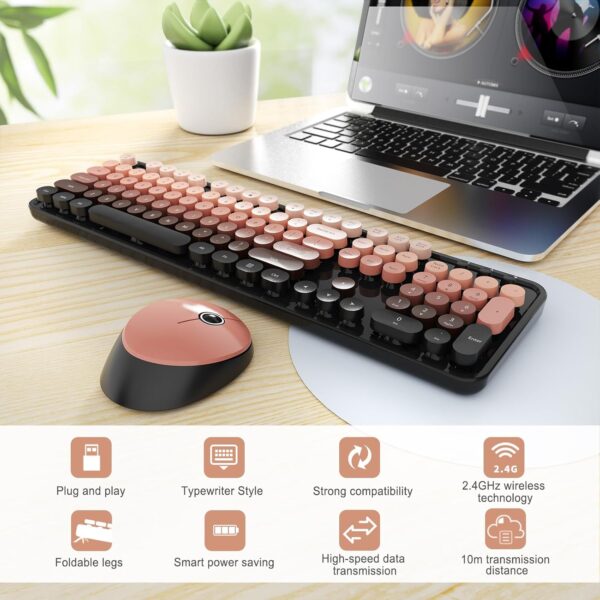 Wireless Keyboard and Mouse Combo, Ergonomic Full Size Typewriter Retro Round Keycaps Keyboard, Compatible with Windows, PC, Perfer for Home and Office Keyboards 4