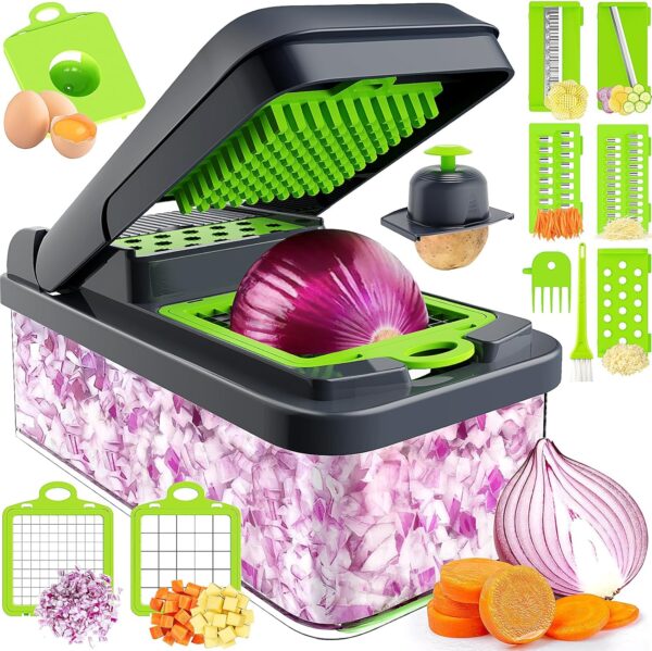 12-in-1 Vegetable Chopper, 7 Blade Veggie Chopper, Practical Food Chopper with Container, Cheese Grater, Home Essentials & Kitchen Gadgets(Green/Grey) 1
