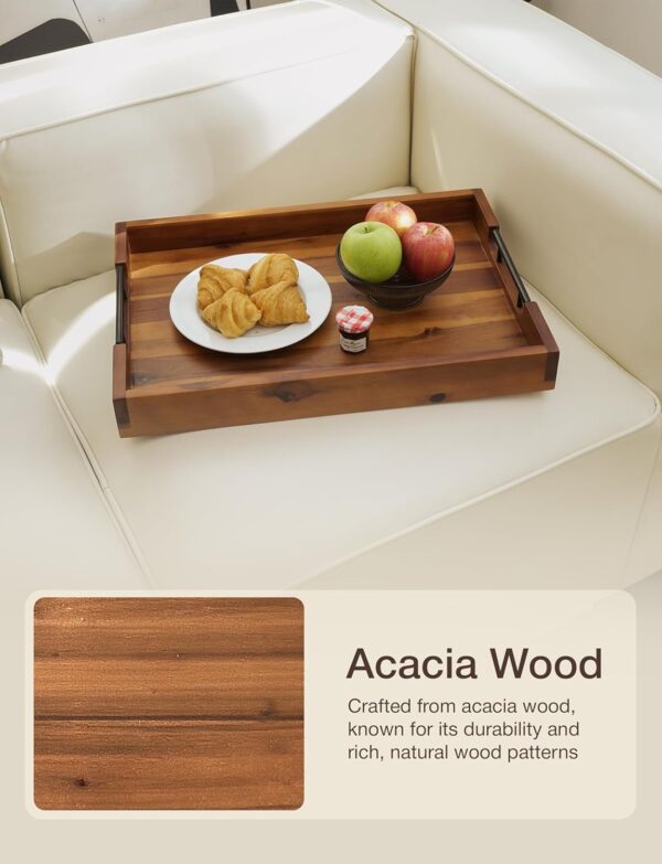 20 Inch Acacia Wood Ottoman Tray with Metal Handle - Wooden Square Serving Tray - Extra Large Food Trays for Decorative, Coffee Table, Breakfast in Bed - Charcuterie Trays Use for Kitchen 3
