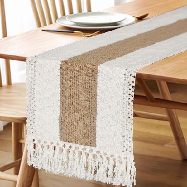 Boho Table Runner for Fall Home Decor with Tassels 72 Inches Long Farmhouse Rustic Table Runner Macrame Burlap Table Decoration for Living Room Bridal Shower(12x72 Inches) 3