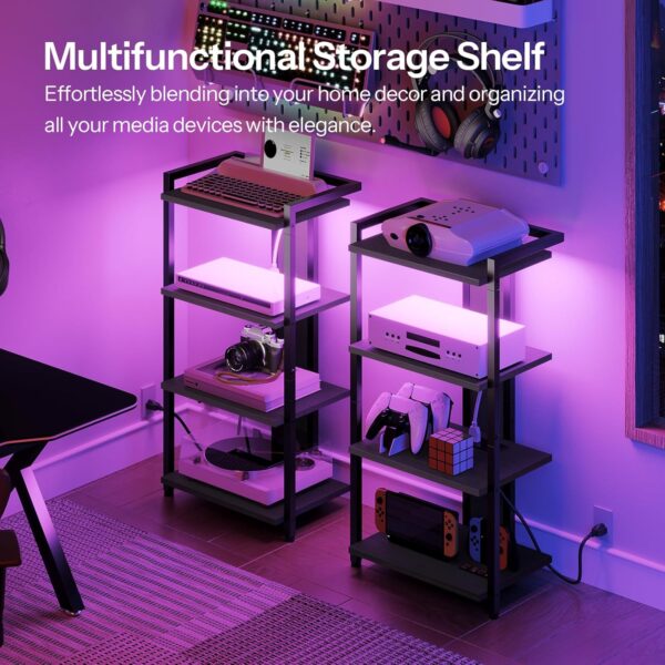 4-Tier AV Media Console With Charging Station and LED Light, Wooden Stereo Cabinet, Corner TV Stand, Record Player, Entertainment Device, Black BB38UDCJ01 3
