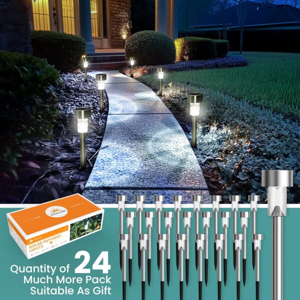 24 Pack Solar Path Lights Outdoor,Solar Lights Outdoor Waterproof,Stainless Steel LED Landscape Lighting,Solar Garden Lights for Driveway,Pathway,Patio,Yard 3