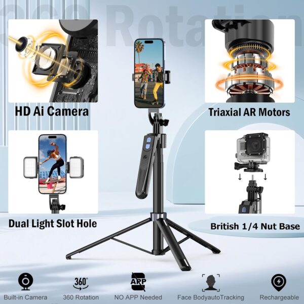 Auto Face Tracking Tripod 360 Rotation with Stand,Android and iPhone Tripod Holder with Remote and Gesture Control, No App,Built-in Tracking Camera Selfie Stick for Vlog Video Recording Tiktok 3