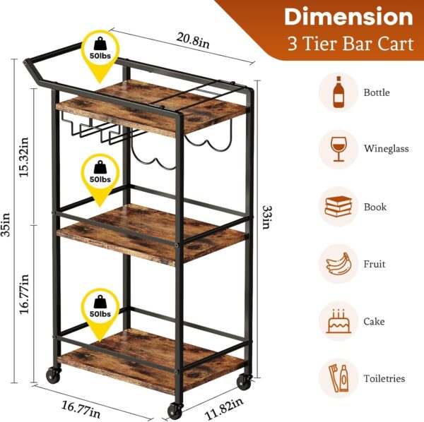 3 Tier Bar Cart, Mini Liquor Utility Cart for Wine Beverage Dinner Party, Rolling Wine Coffee Drink Serving Cart with Lockable Wheels for Home Kitchen Bars (Rustic Brown) 3