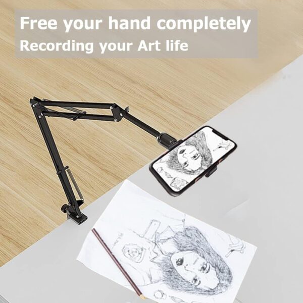 Overhead Tripod Mount for Camera Webcam Ring Light, Long Over Head Articulating Arm with Phone Holder and Ball Head, Desktop Lazy Arm Clamp Phone Stand Accessory for Live Streaming,Video Recording 3