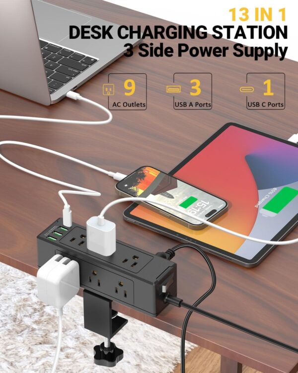 Desk Clamp Power Strip with USB C, Desk Surge Protector with 9 AC Plugs & 4 USB Ports, Desktop Edge Mount Charging Station, 6 FT Flat Plug, Removable Clamp 3