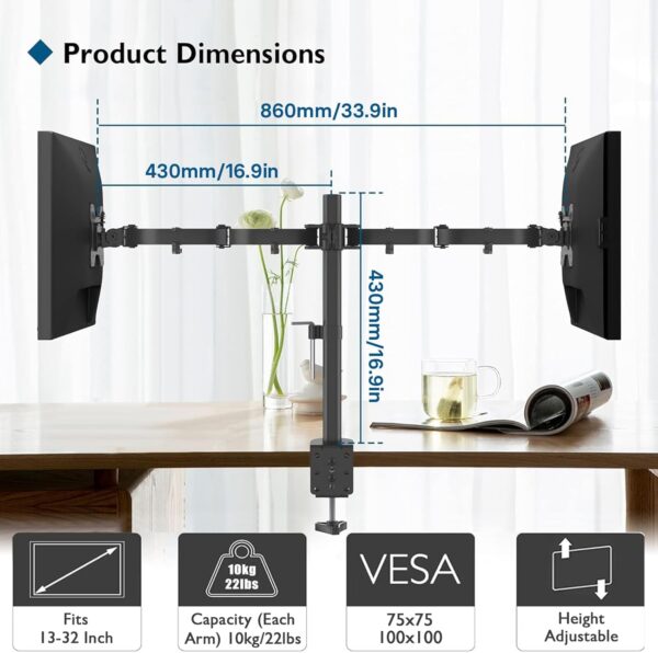 BONTEC Dual Monitor Desk Mount, Full Motion Adjustable Monitor Stand for 13–27 Inch Screens, Heavy Duty Arms Hold Up to 22 lbs Each, VESA 75x75/100x100 mm, C Clamp and Grommet Base, Cable Management 3 Mount