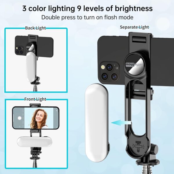 Stable Selfie Stick Tripod with Fill Light, 44 Inch Extendable Selfie Stick with Wireless Remote and Tripod Stand 360 Rotation for iPhone 15/14/13/12/11 Pro/XS Max/XS/XR/X/8/7, Samsung and Smartphone 3