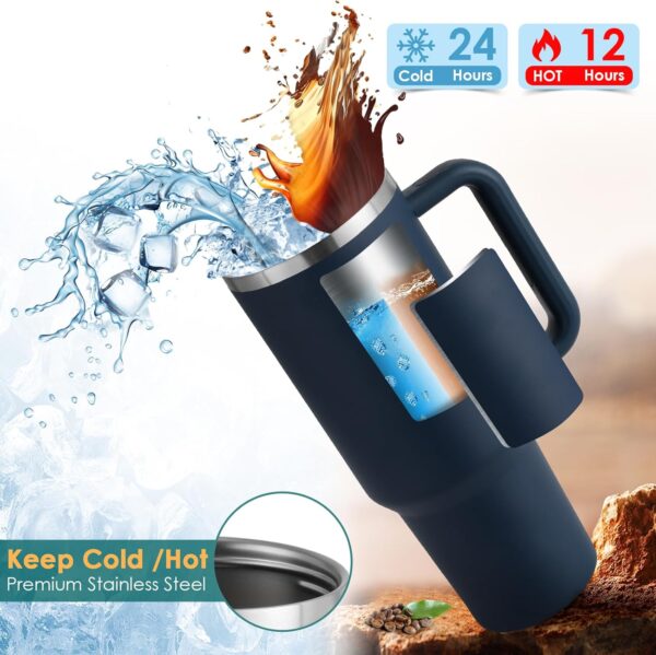 40oz Tumbler with Handle Straw Lid, Stainless Steel Vacuum | Insulated Reusable Travel Mug | Keep Drinks Cold | Ice Gym Cup | Gifts for Women Men Lovers | Car Holder Friendly | Navy Blue 3 Tumbler