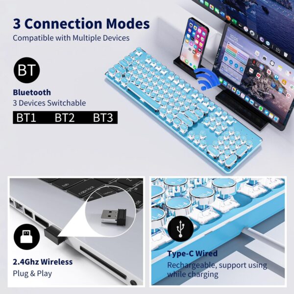 EWEADN TK950 Typewriter Keyboard Wireless Mechanical Keyboard, 104 Keys Aesthetic Typewriter Keyboards with White Backlit, Anti-Ghosting, Blue Switch Bluetooth/2.4GHz/Wired Keyboards-Blue 3 Mechanical