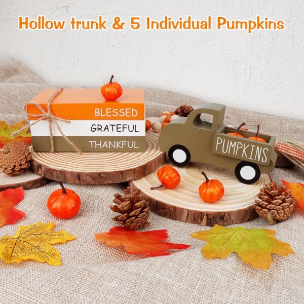 Fall Table Decor, Farmhouse Wooden Fall Signs with Book Stack, 3D Truck and 5 Individual Pumpkins for Tiered Tray 3