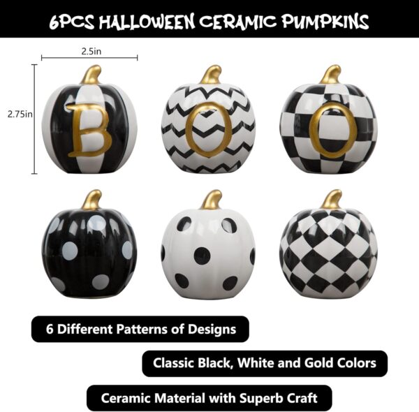 Halloween Decorations Indoor - Set of 6 Ceramic Halloween Pumpkin Decor - Assorted Black and White Boo Pumpkins for Fall Autumn Home Decor 3