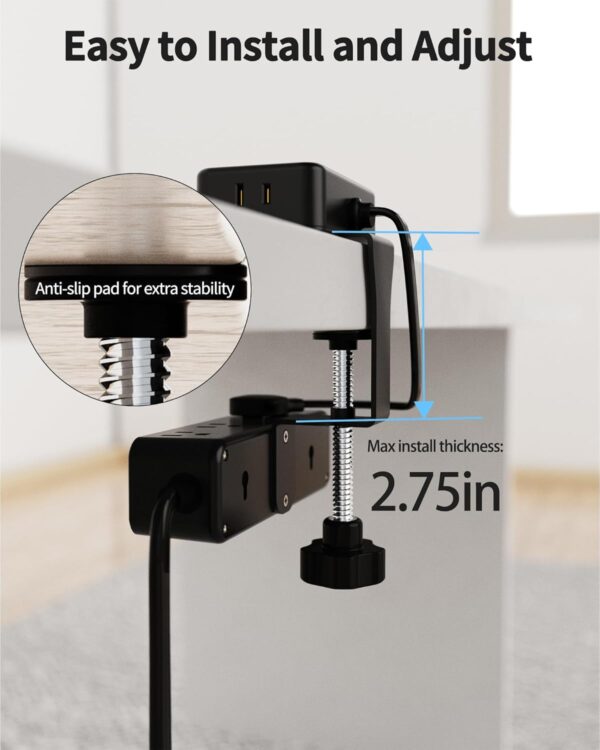 Dual Layer Desk Clamp Power Strip with 13 AC Outlets 8 USB (4 USB C), Fit 2.75" Tabletop, Desktop Edge Mounted Surge Protector (1700J),10 Ft Extension Cord, Desk Outlet for Office Home, Black 3 Clamp