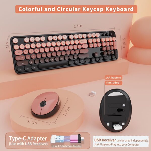 Wireless Keyboard and Mouse Combo, Ergonomic Full Size Typewriter Retro Round Keycaps Keyboard, Compatible with Windows, PC, Perfer for Home and Office Keyboards 3