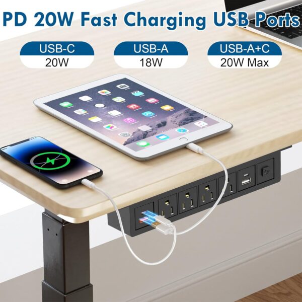 BTU Under Desk Power Strip with Surge Protection, Mountable Power Strips with USB Ports PD20W Fast Charging, 8 in 1 Under Desktop Outlet 4 AC Outlets, 2 USB-C, 2 USB-A, 6FT Extension Cord Black 3 Outlet