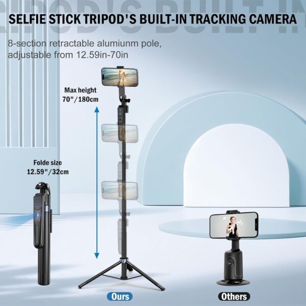 Auto Face Tracking Tripod 360 Rotation with Stand,Android and iPhone Tripod Holder with Remote and Gesture Control, No App,Built-in Tracking Camera Selfie Stick for Vlog Video Recording Tiktok 2