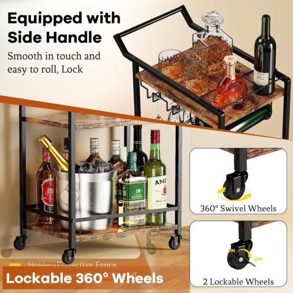 3 Tier Bar Cart, Mini Liquor Utility Cart for Wine Beverage Dinner Party, Rolling Wine Coffee Drink Serving Cart with Lockable Wheels for Home Kitchen Bars (Rustic Brown) 2