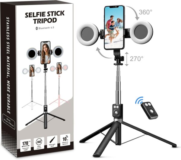 Selfie Stick Tripod with Fill Light, Phone Selfie Stick,Durable Stainless Steel Design,Bluetooth Remote Control,and Stable Three-Legged Support for Live Broadcasts,Video Shooting (Black) 2