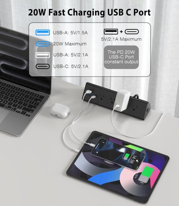 Jgstkcity Desk Clamp Power Strip,20W Fast Charging Station,Surge Protector Nightstand Edge Mount,1875W Extension Cord with Multiple Outlets,2 USB-C,2 USB-A,for Home Office (Black, 6 FT) 4 Outlets