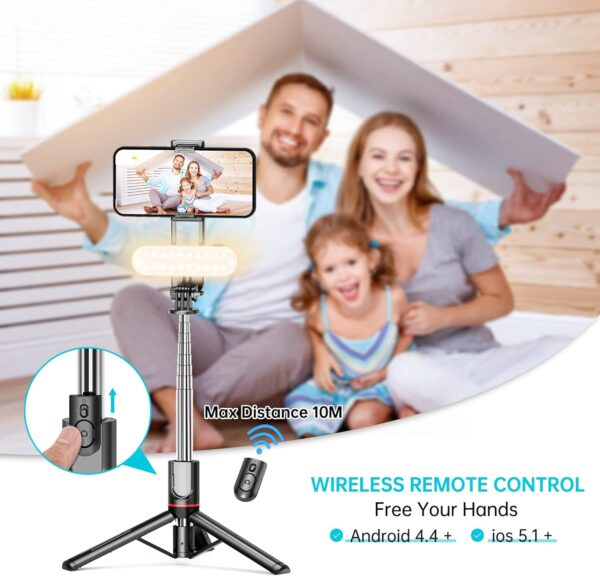 Stable Selfie Stick Tripod with Fill Light, 44 Inch Extendable Selfie Stick with Wireless Remote and Tripod Stand 360 Rotation for iPhone 15/14/13/12/11 Pro/XS Max/XS/XR/X/8/7, Samsung and Smartphone 4