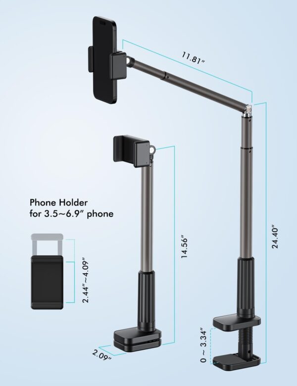 Viozon Phone Holder, Flexible Long Arm,Overhead Mount,360° Angle Adjustable,Aluminum Alloy, C Clamp for Headboard Bedside&Table&Desk,Compatible with 3.5"-6.9" Phone,iPhone 16 15Plus / Pro Max 4 Overhead