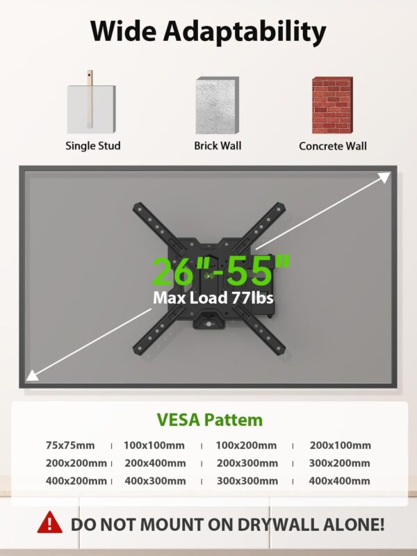 USX MOUNT UL Listed Full Motion TV Mount, Swivel Articulating Tilt TV Wall Mount for 26-55Inch LED, 4K, Wall Mount Bracket with VESA 400x400mm Up to 77lbs, Perfect Center Design -XMM006-1 4 Mount